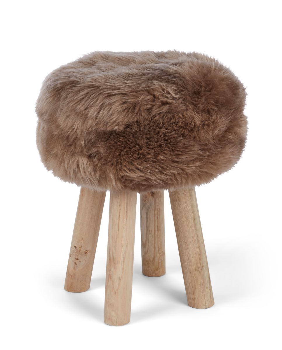 Holzhocker mit Lammfell | Langhaar | Neuseeland | 48xD34 cm Taupe