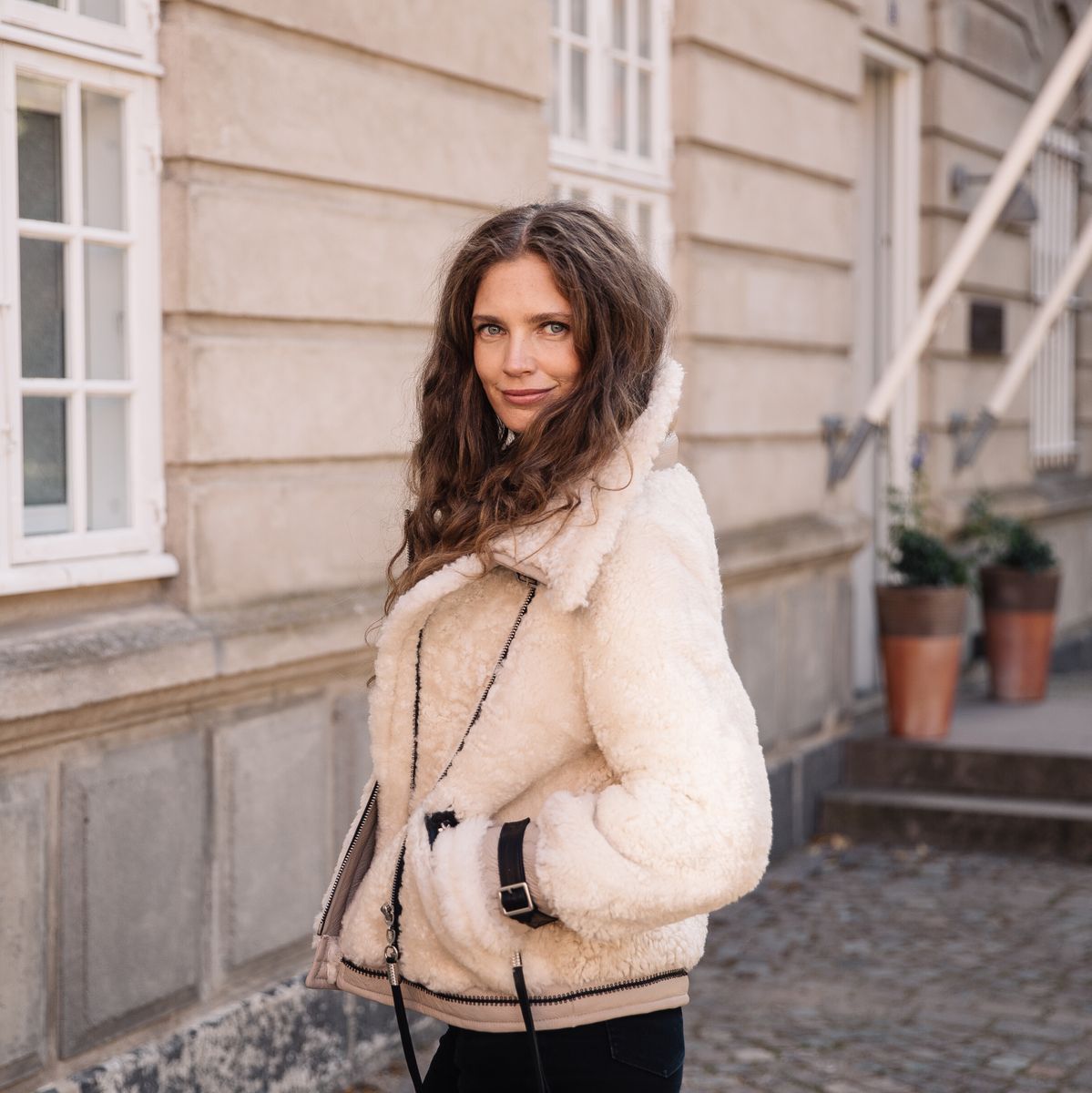 Nicki Jacke | Lammfell, Leder Blau/Grau