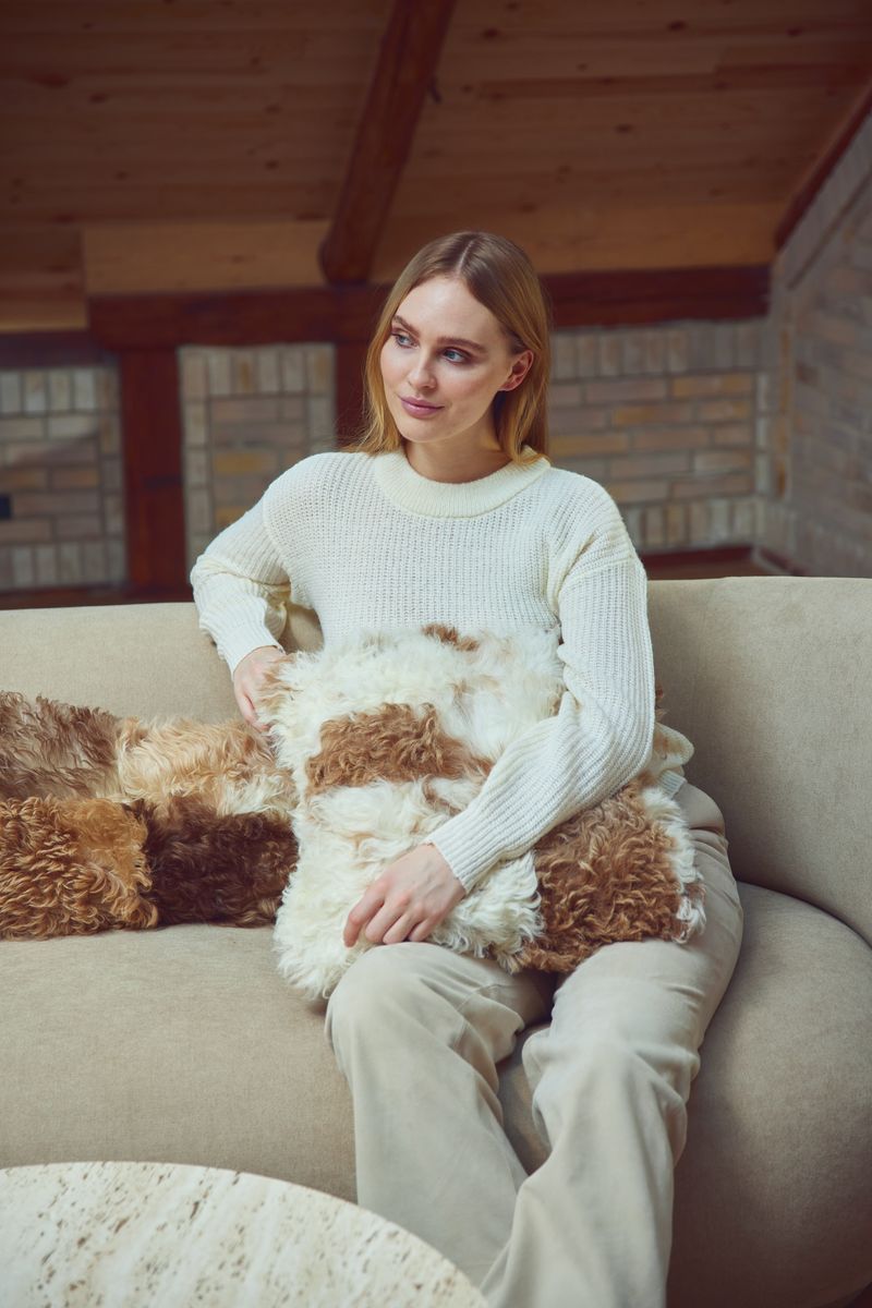 Lammfellkissen | Toskana Lammfell | Italien | 26x86 cm, 40x40 cm & 60x60 cm Braun/Beige Mix