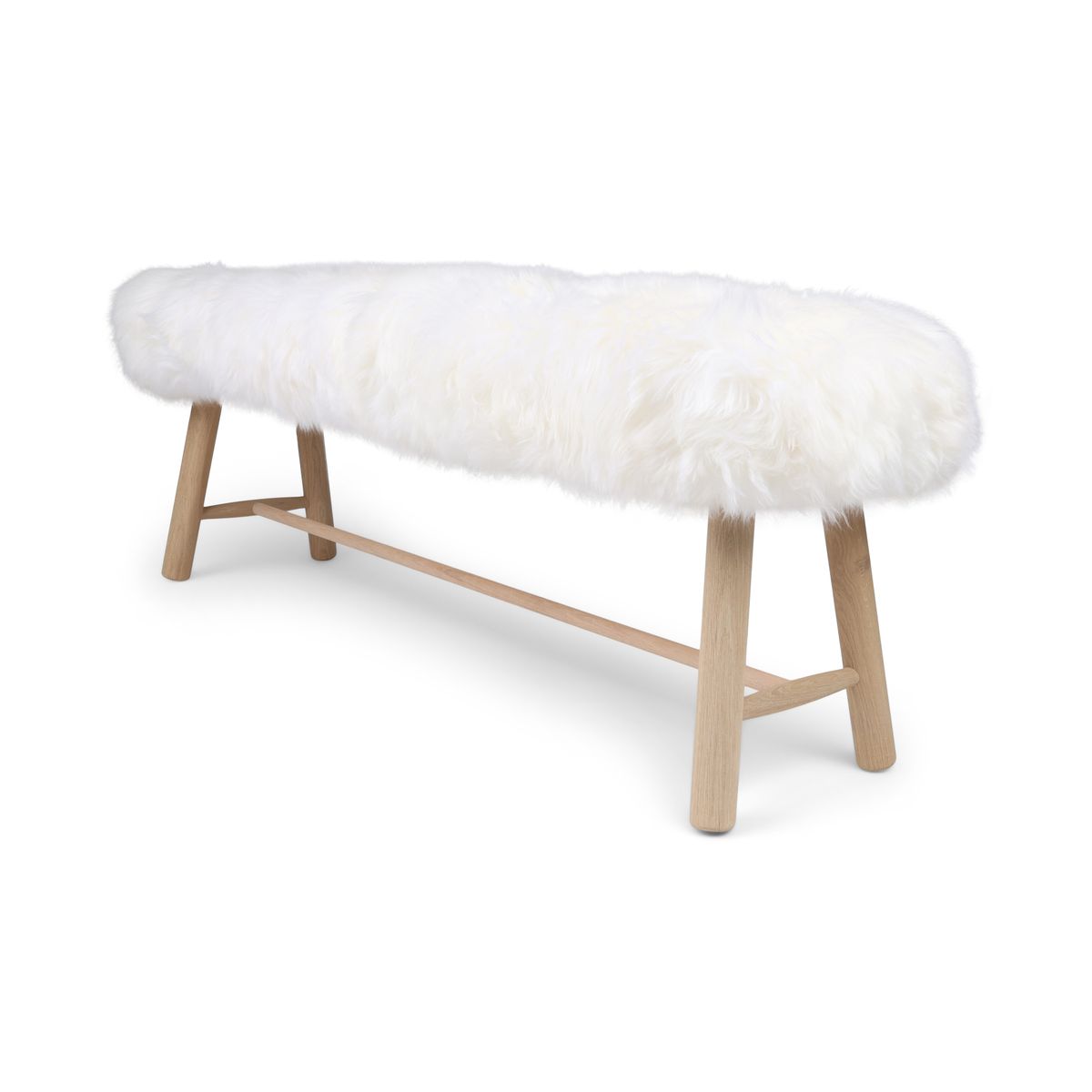 Holzbank mit Lammfell | Langhaar | Neuseeland | Eichenbeine | 140x35x45 cm Weiß