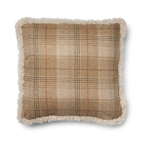 Kariertes Wollkissen | 100% Wolle | Fellborte | 52x52 cm Sand Beige/Leinen