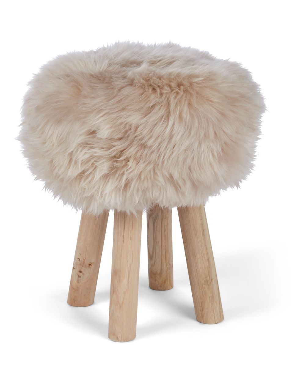 Holzhocker mit Lammfell | Langhaar | Neuseeland | 48xD34 cm Leinen