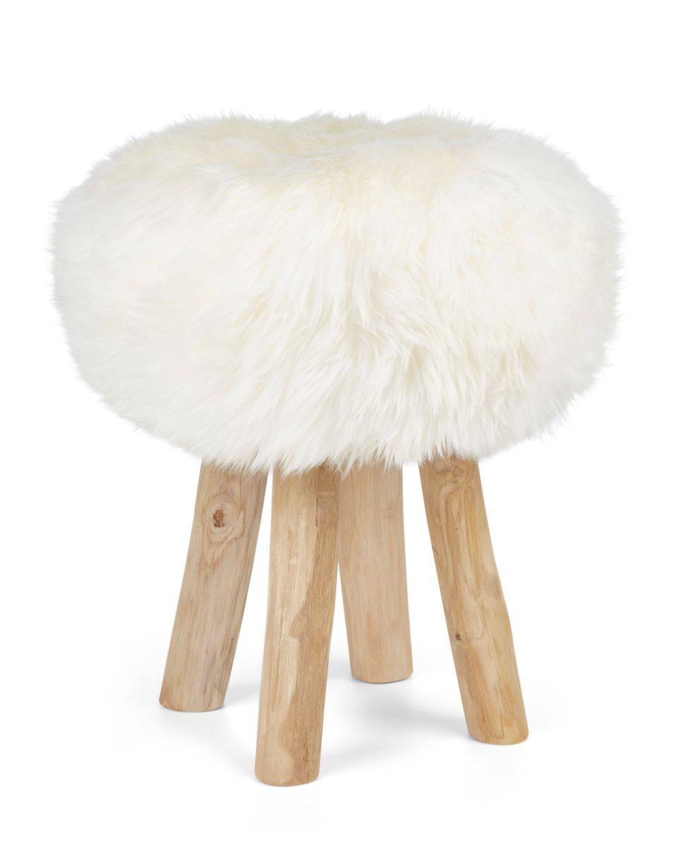 Holzhocker mit Lammfell | Langhaar | Neuseeland | 48xD34 cm