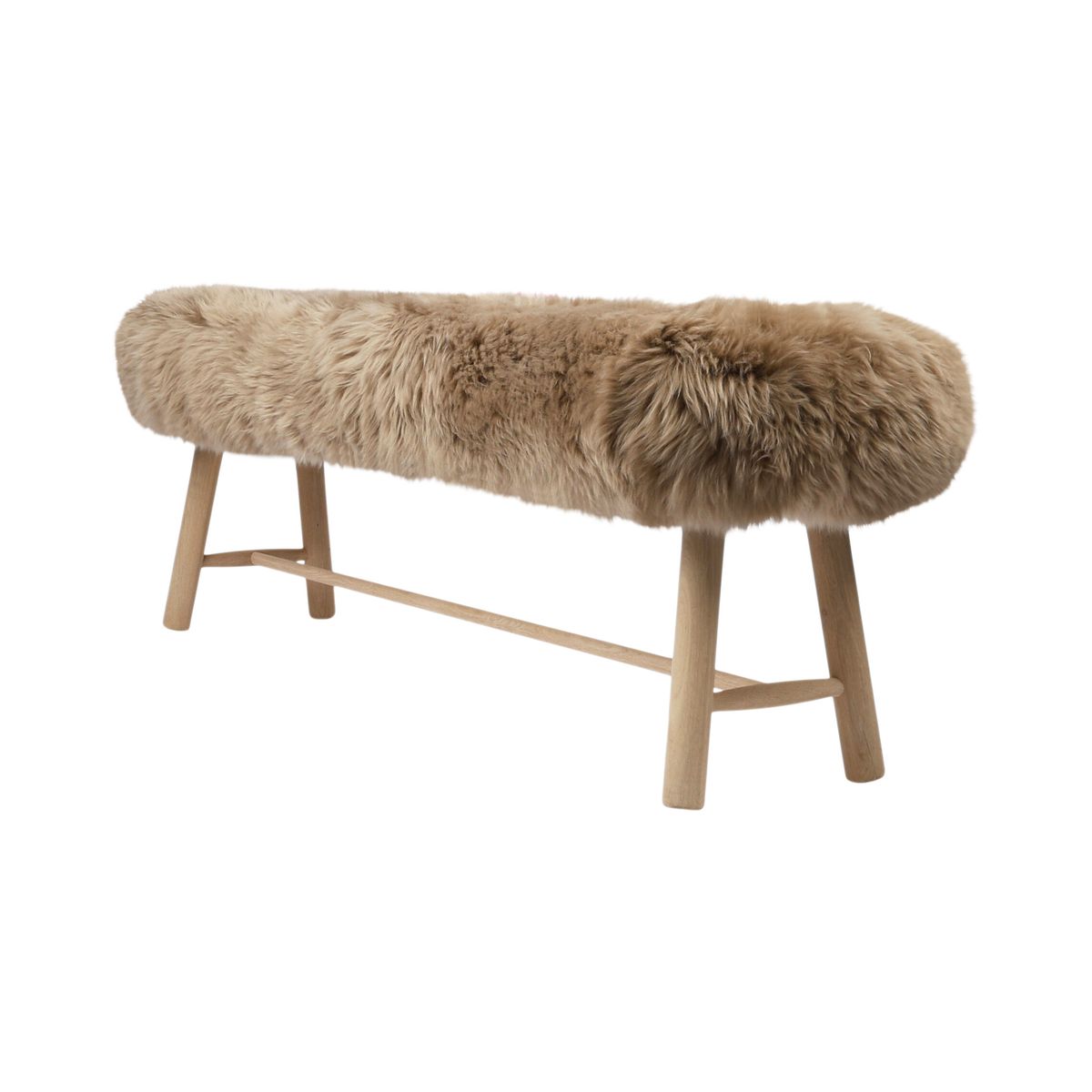 Holzbank mit Lammfell | Langhaar | Neuseeland | Eichenbeine | 140x35x45 cm