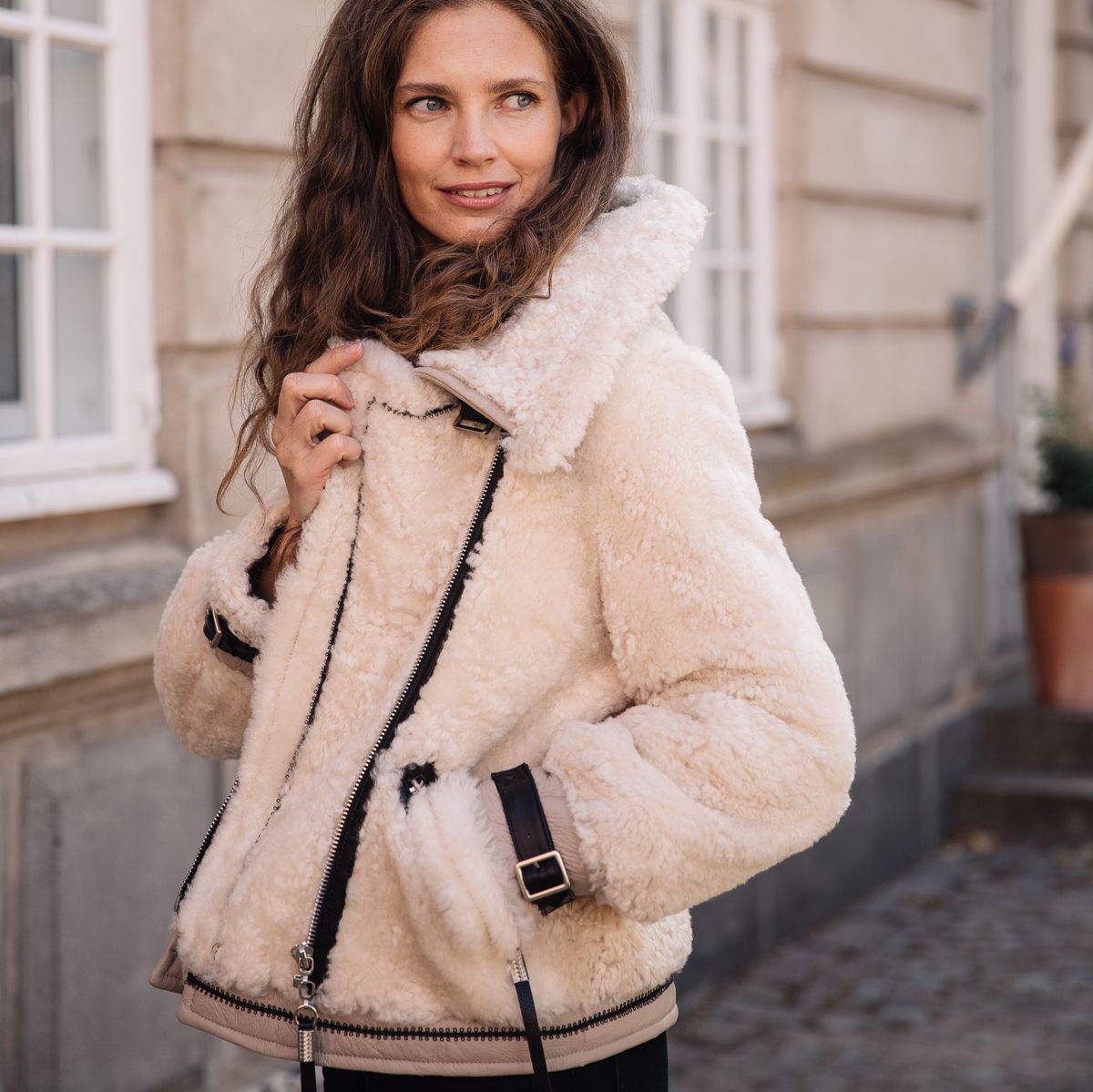 Nicki Jacke | Lammfell, Leder Blau/Grau