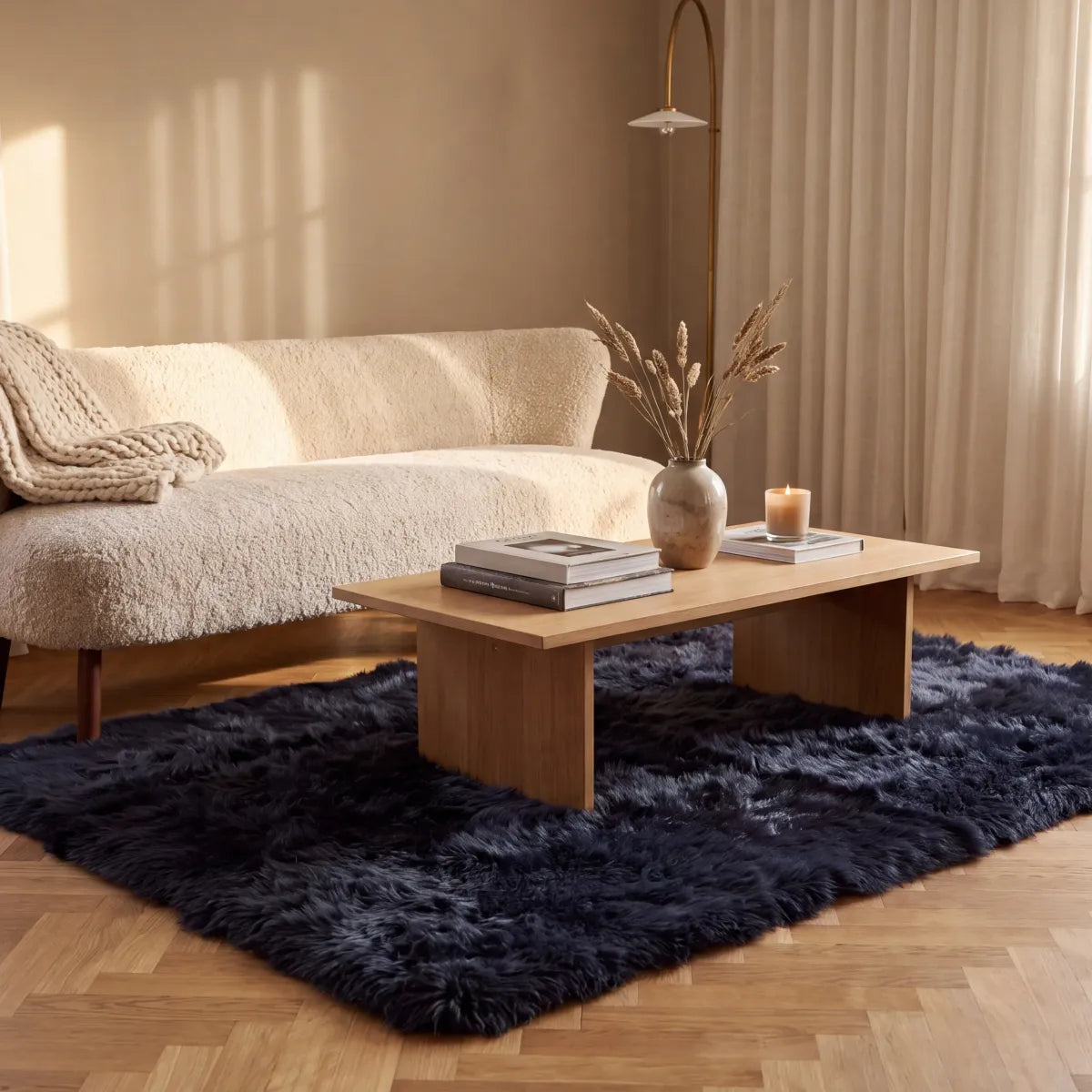 Lammfell Designerteppich Premium | Langhaar | Neuseeland Schwarz