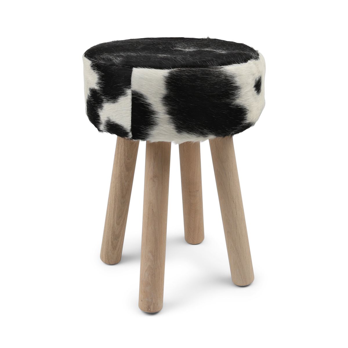 Holzhocker mit Kuhfell | 48xD34 cm Stühle | Sheepskinhouse.ch