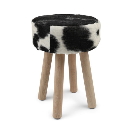 Holzhocker mit Kuhfell | 48xD34 cm Stühle | Sheepskinhouse.ch
