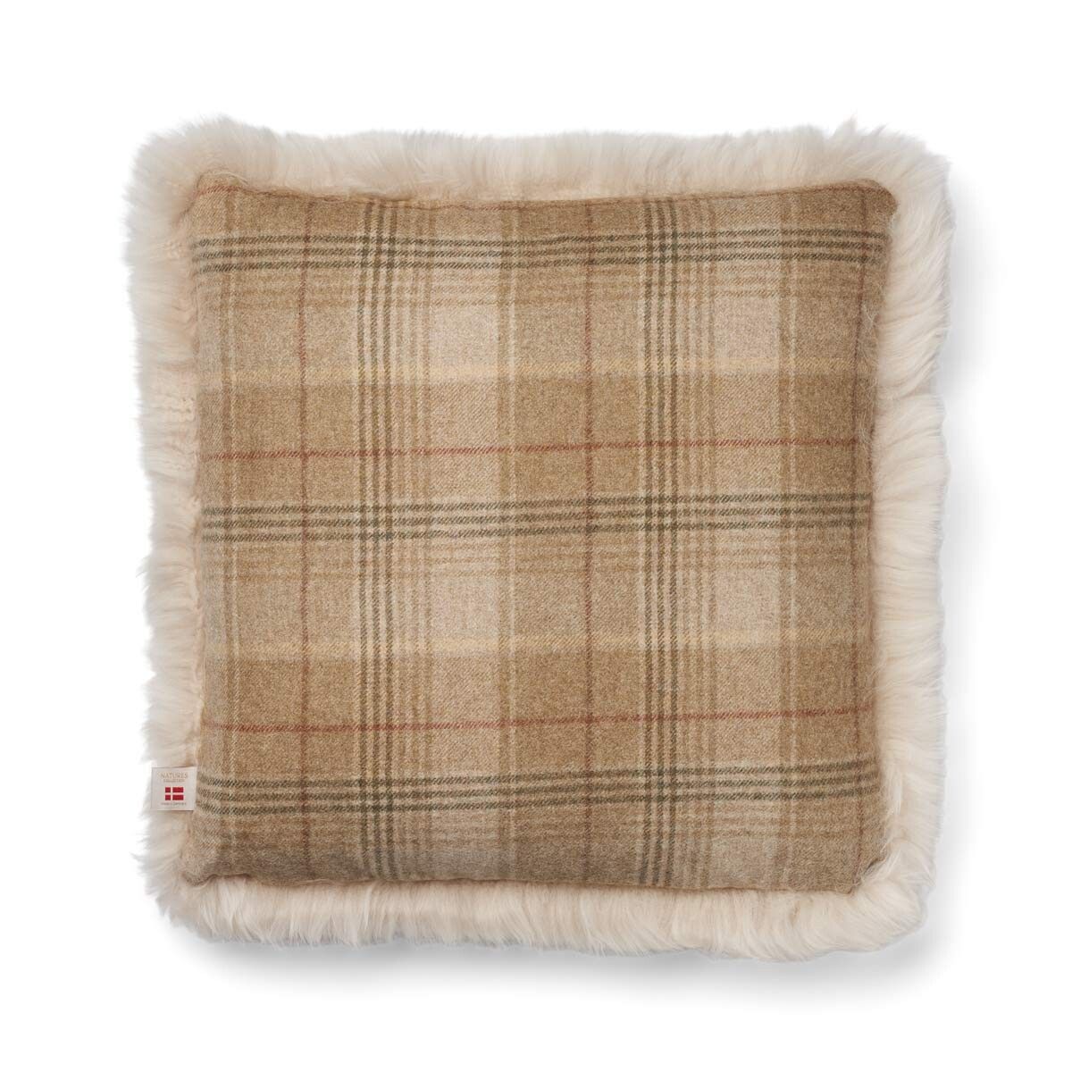 Kariertes Lammfellkissen | Langhaar | Neuseeland | 100% Wolle | 52x52 cm | 34x52 cm Sand Beige/Leinen