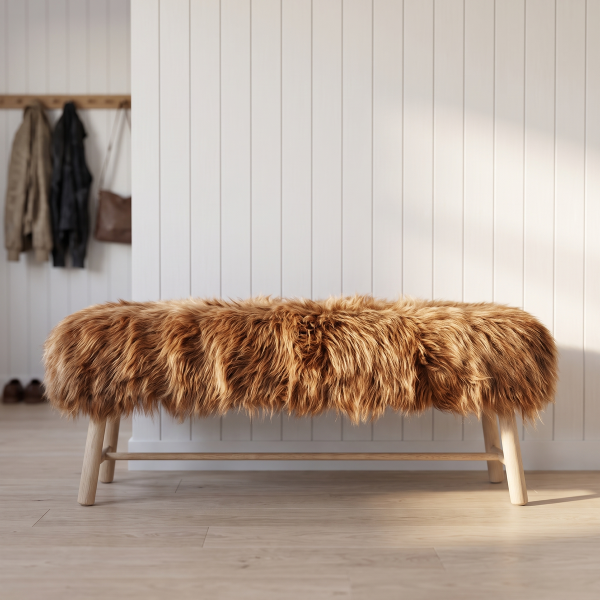 Holzbank mit Lammfell | Island | Eichenbeine | 140x35x45 cm Weißlich