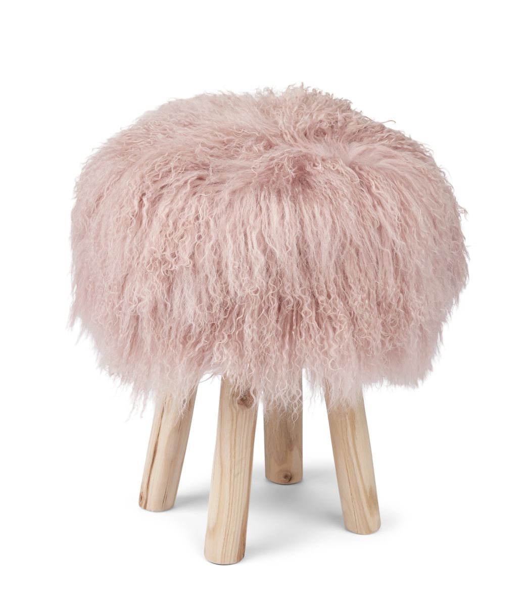 Holzhocker mit Lammfell | Tibet | 48xD34 cm Rosa