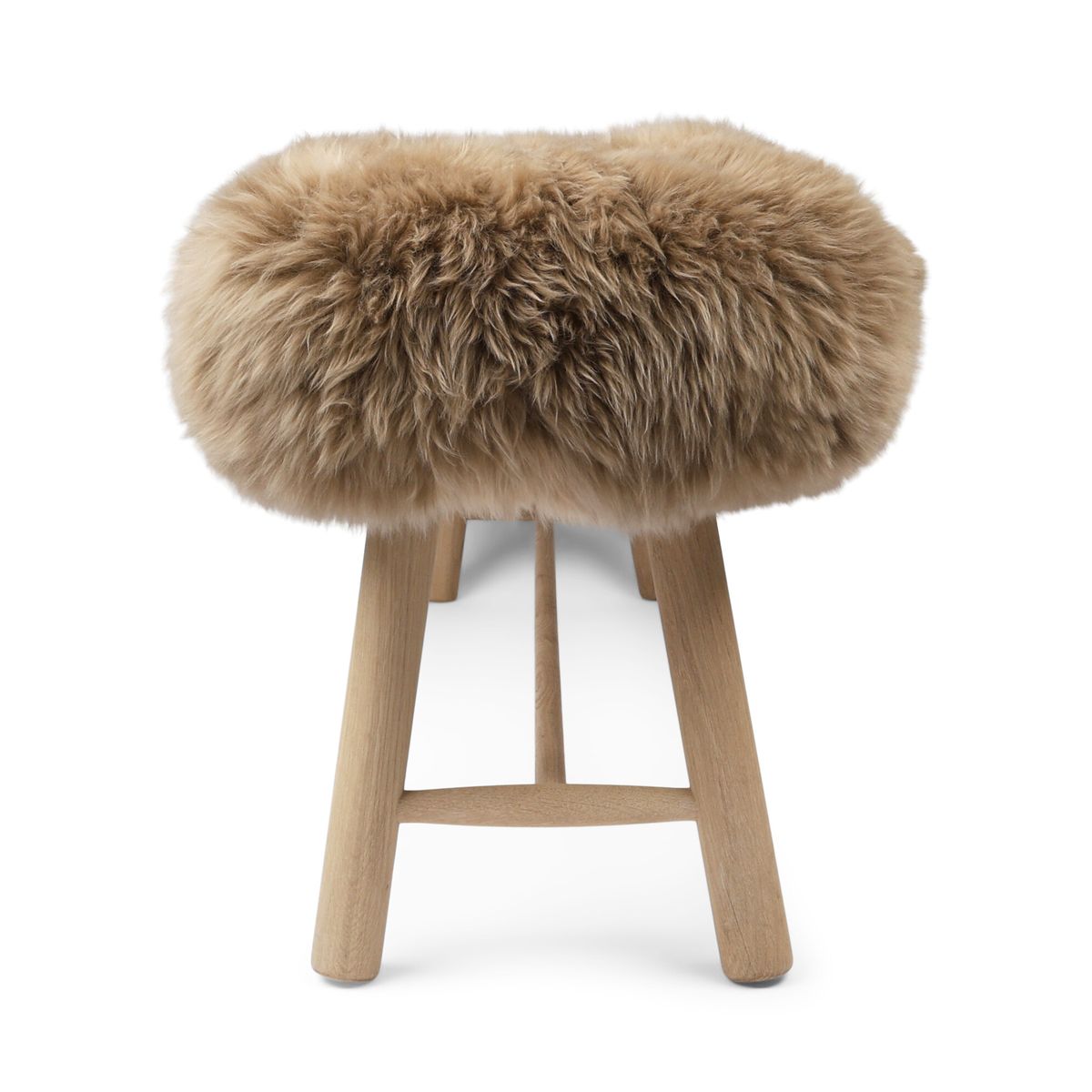 Holzbank mit Lammfell | Langhaar | Neuseeland | Eichenbeine | 140x35x45 cm Taupe