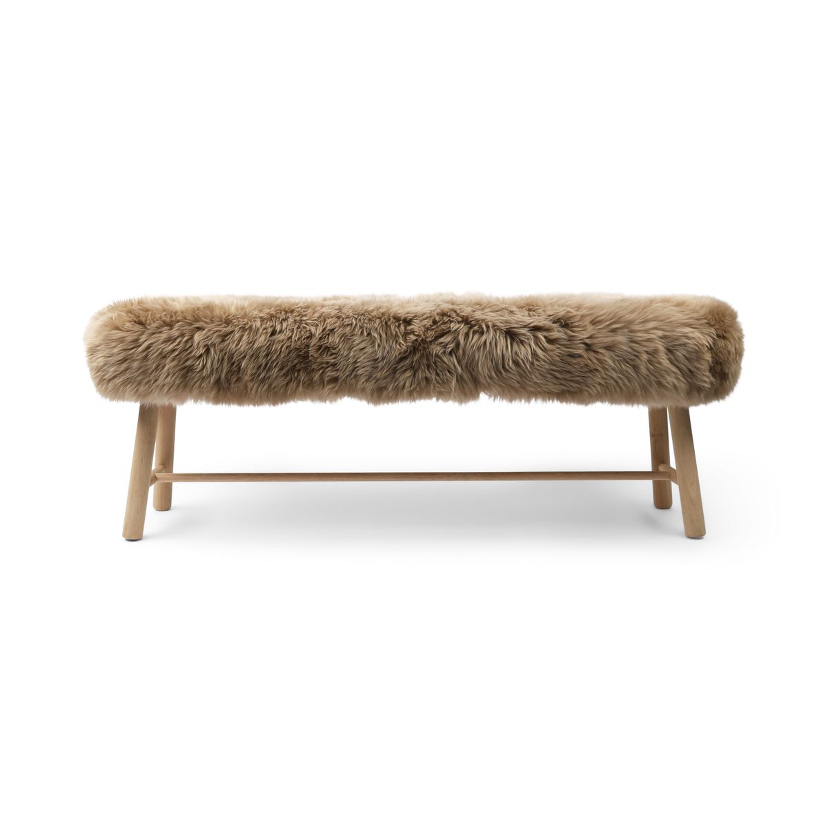 Holzbank mit Lammfell | Langhaar | Neuseeland | Eichenbeine | 140x35x45 cm Taupe