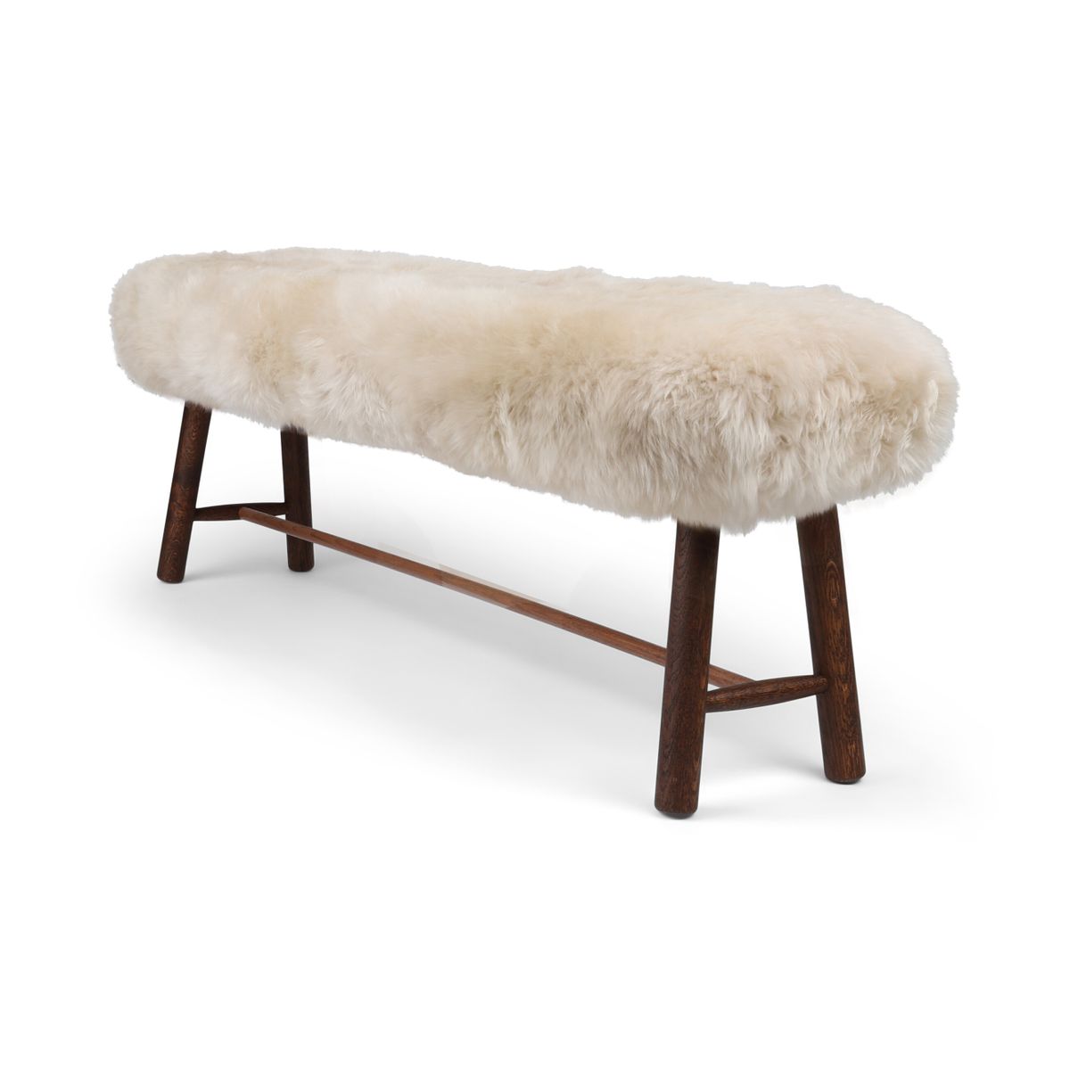 Holzbank mit Lammfell | Langhaar | Neuseeland | Dunkle Eichenbeine | 140x35x45 cm