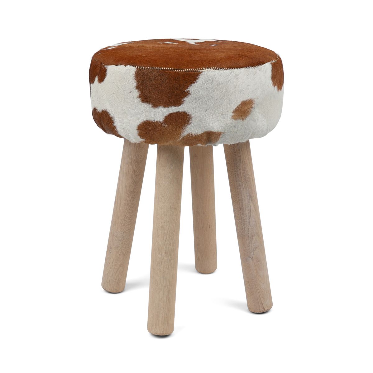 Holzhocker mit Kuhfell | 48xD34 cm Stühle | Sheepskinhouse.ch