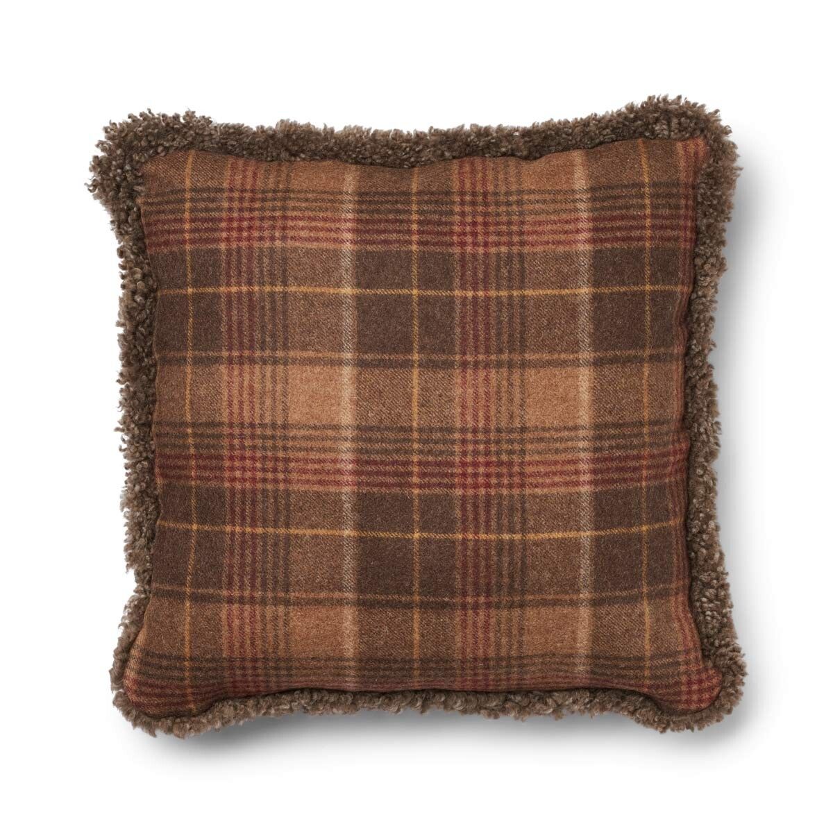 Kariertes Wollkissen | 100% Wolle | Fellborte | 52x52 cm | 34x52 cm Kakao-Dunkelbraun/Taupe