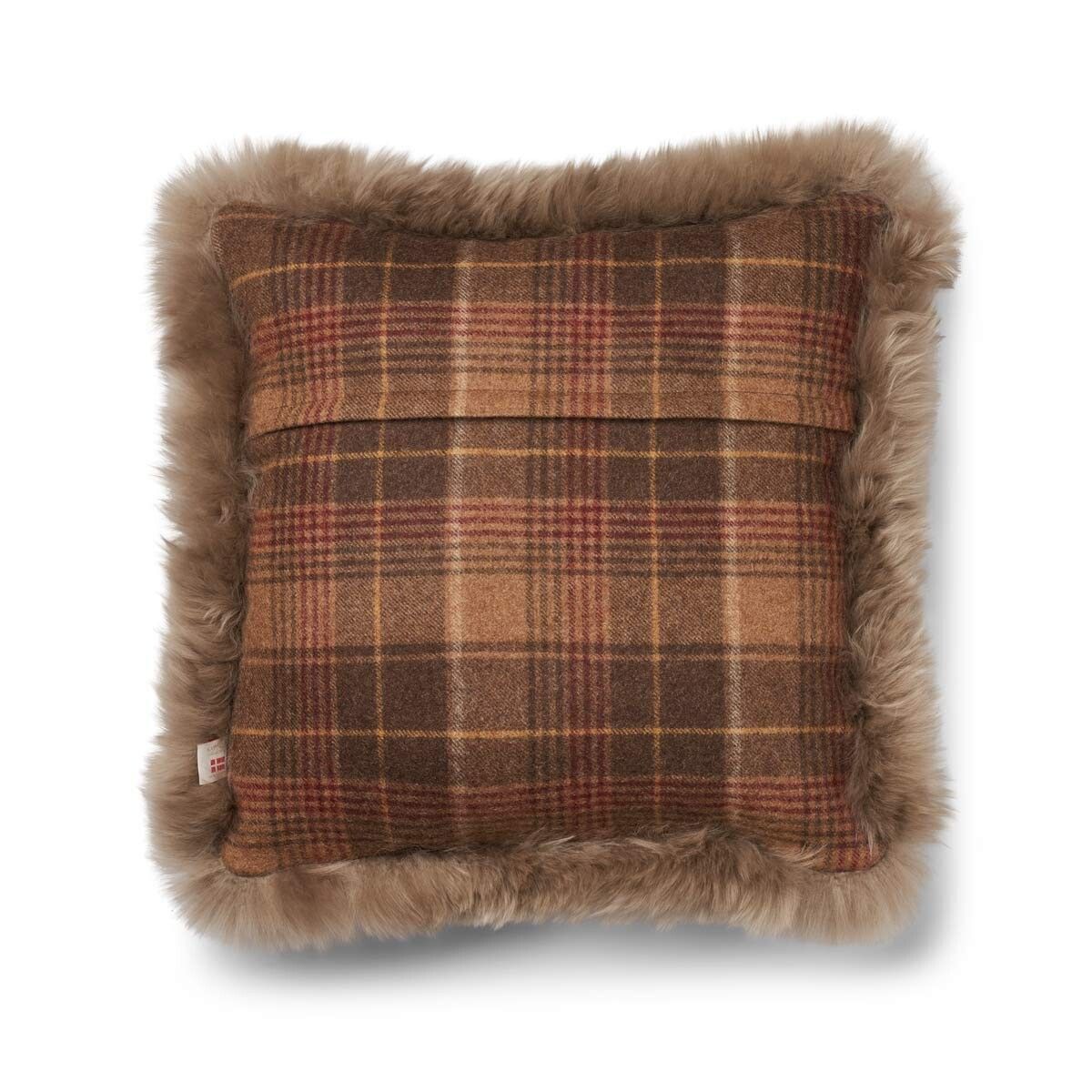 Kariertes Wollkissen | 100% Wolle | Fellborte | 52x52 cm | 34x52 cm Kakao-Dunkelbraun/Taupe