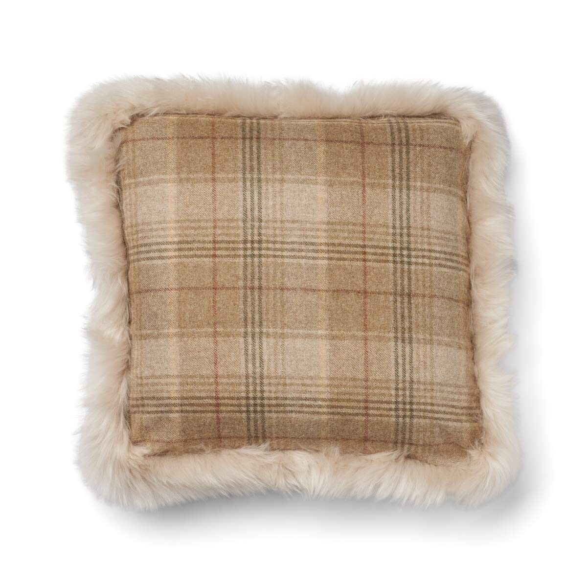 Kariertes Wollkissen | 100% Wolle | Fellborte | 52x52 cm | 34x52 cm Sand Beige/Leinen
