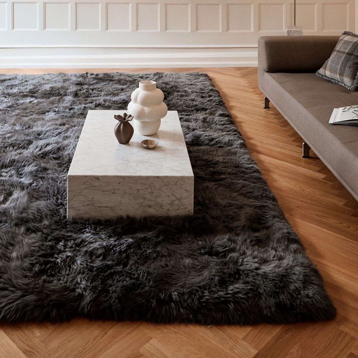 Lammfell Designerteppich Premium | Langhaar | Neuseeland Schwarz