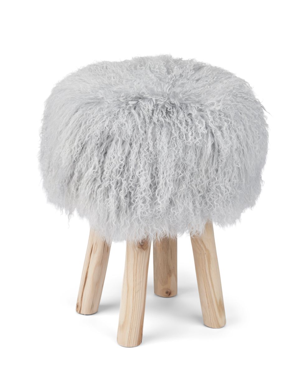 Holzhocker mit Lammfell | Tibet | 48xD34 cm Hellgrau