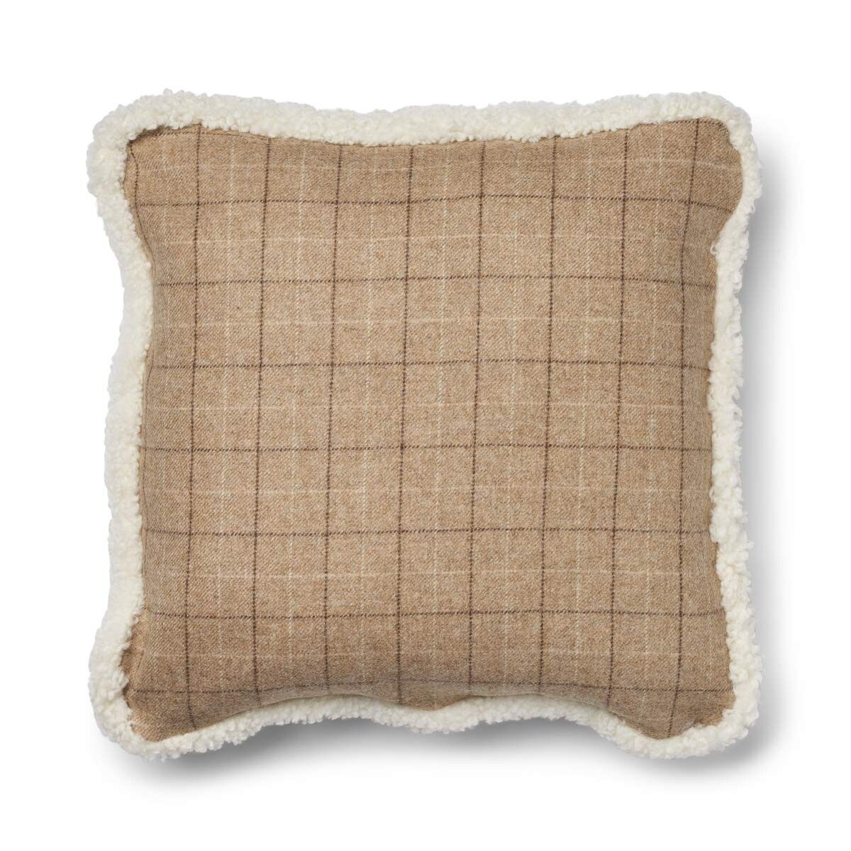 Kariertes Wollkissen | 100% Wolle | Fellborte | 52x52 cm | 34x52 cm Haferflocken-Beige/Elfenbein