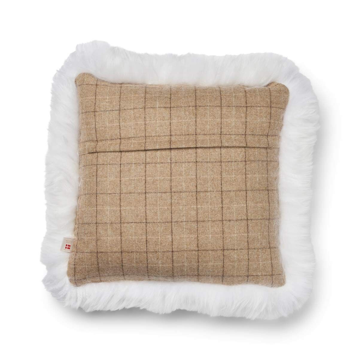 Kariertes Wollkissen | 100% Wolle | Fellborte | 52x52 cm | 34x52 cm Haferflocken-Beige/Elfenbein