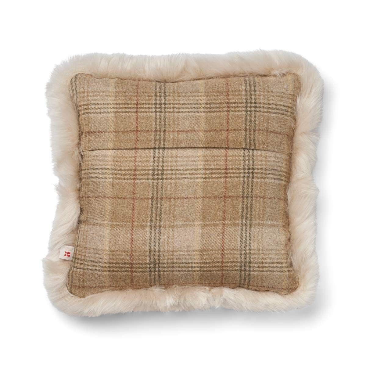 Kariertes Wollkissen | 100% Wolle | Fellborte | 52x52 cm | 34x52 cm Sand Beige/Leinen