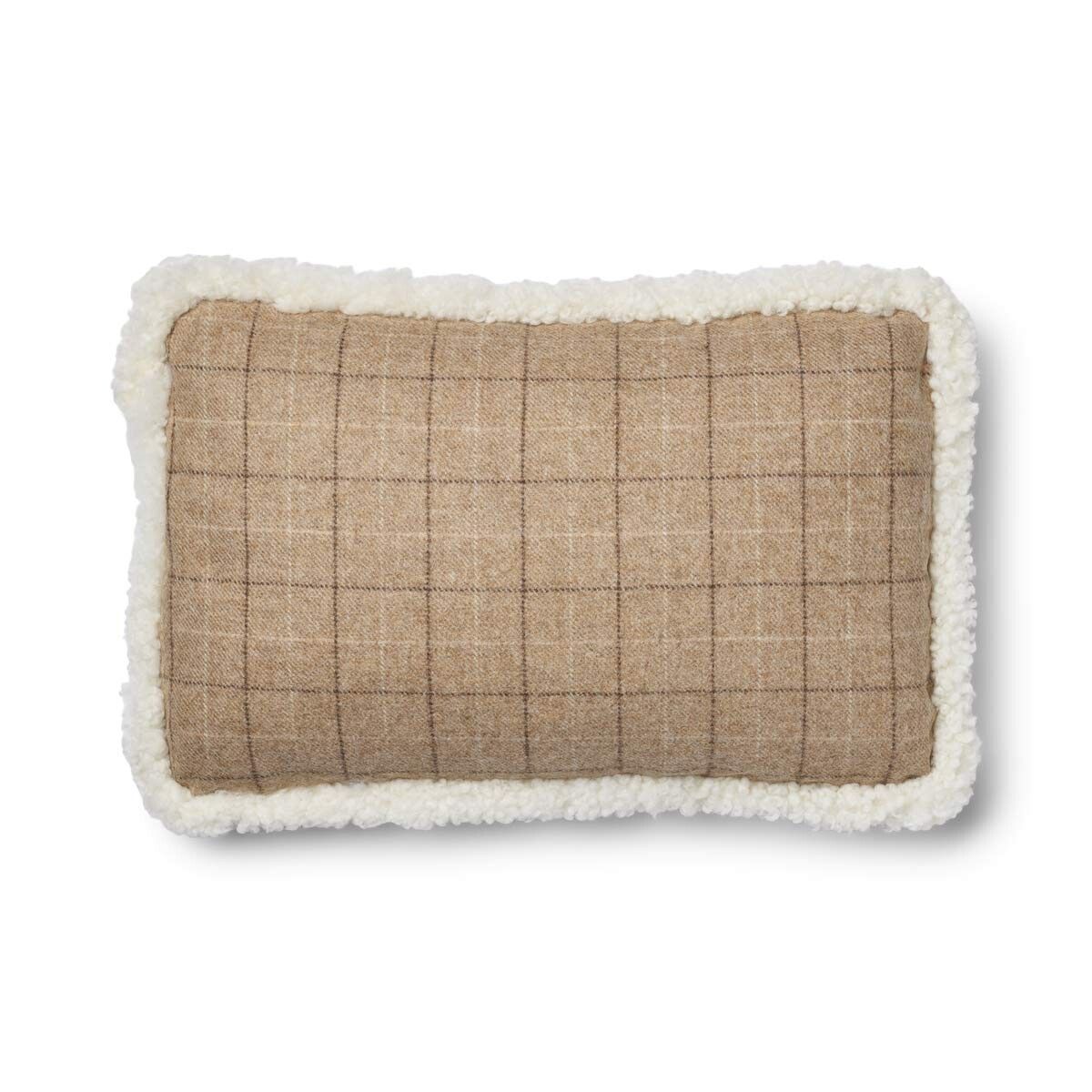 Kariertes Wollkissen | 100% Wolle | Fellborte | 34x52 cm Haferflocken-Beige/Elfenbein