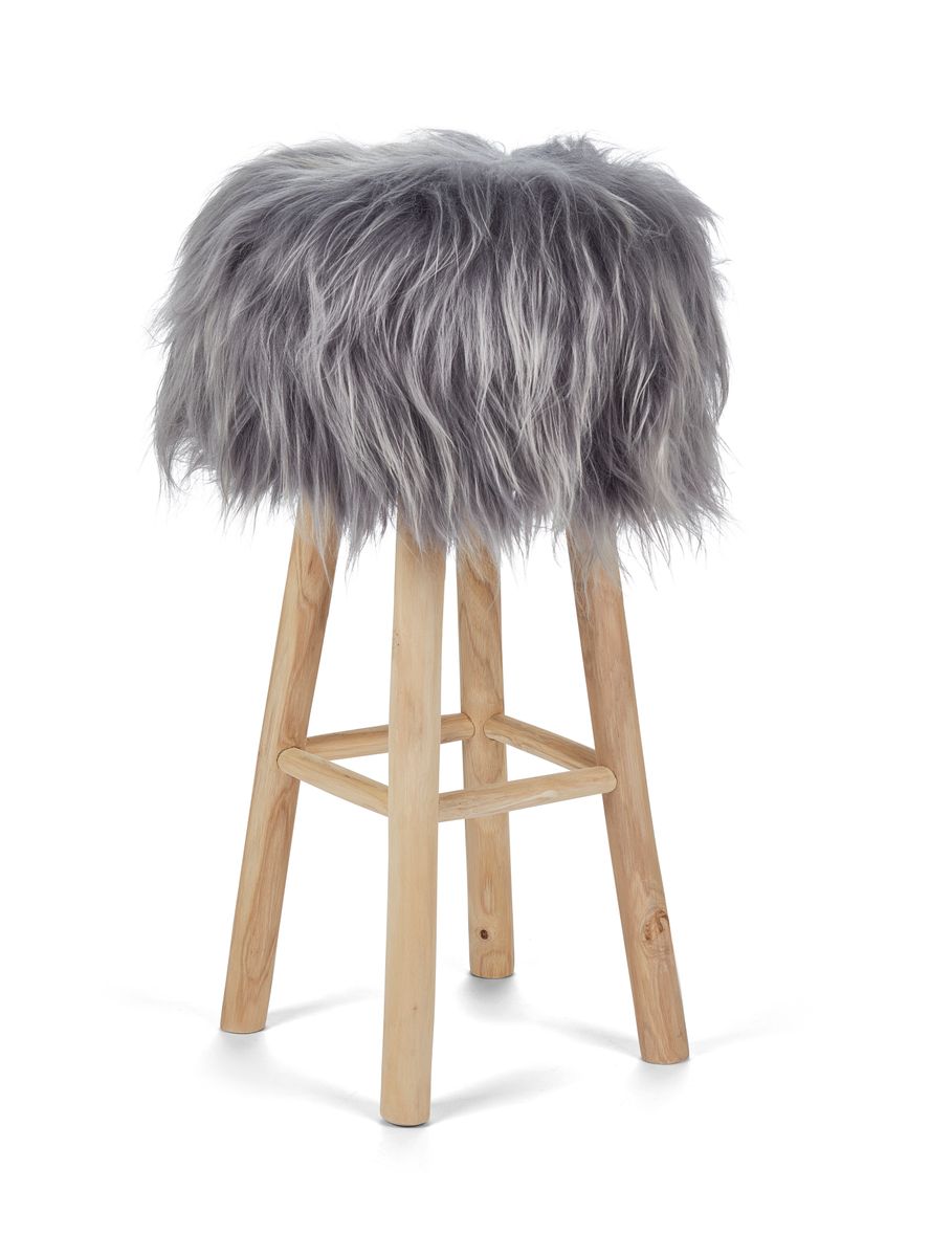 Holzbarhocker mit Lammfell | Island Graue Brisa