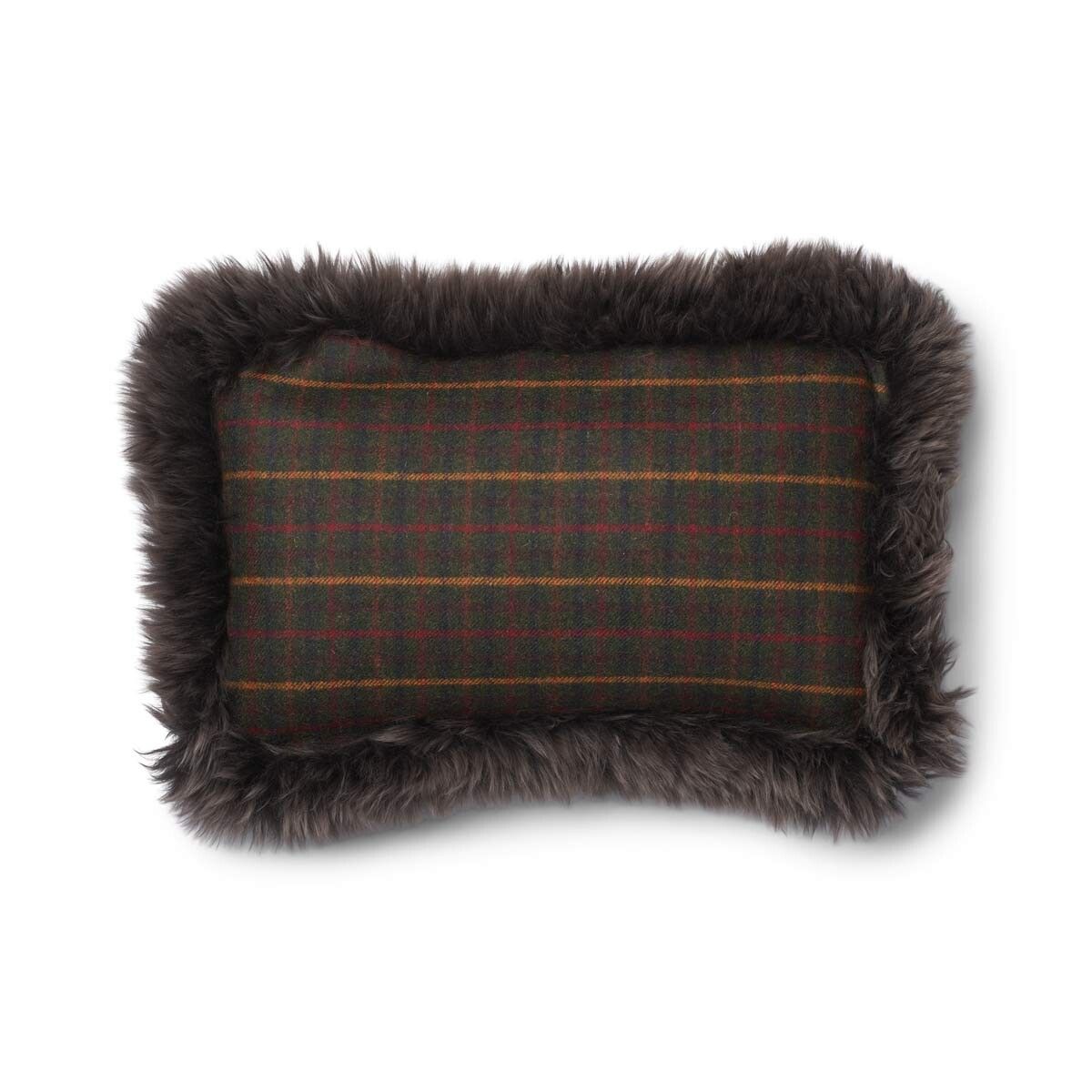Kariertes Wollkissen | 100% Wolle | Fellborte | 52x52 cm | 34x52 cm Kilberry Fir-Dunkelgrün/Walnuss