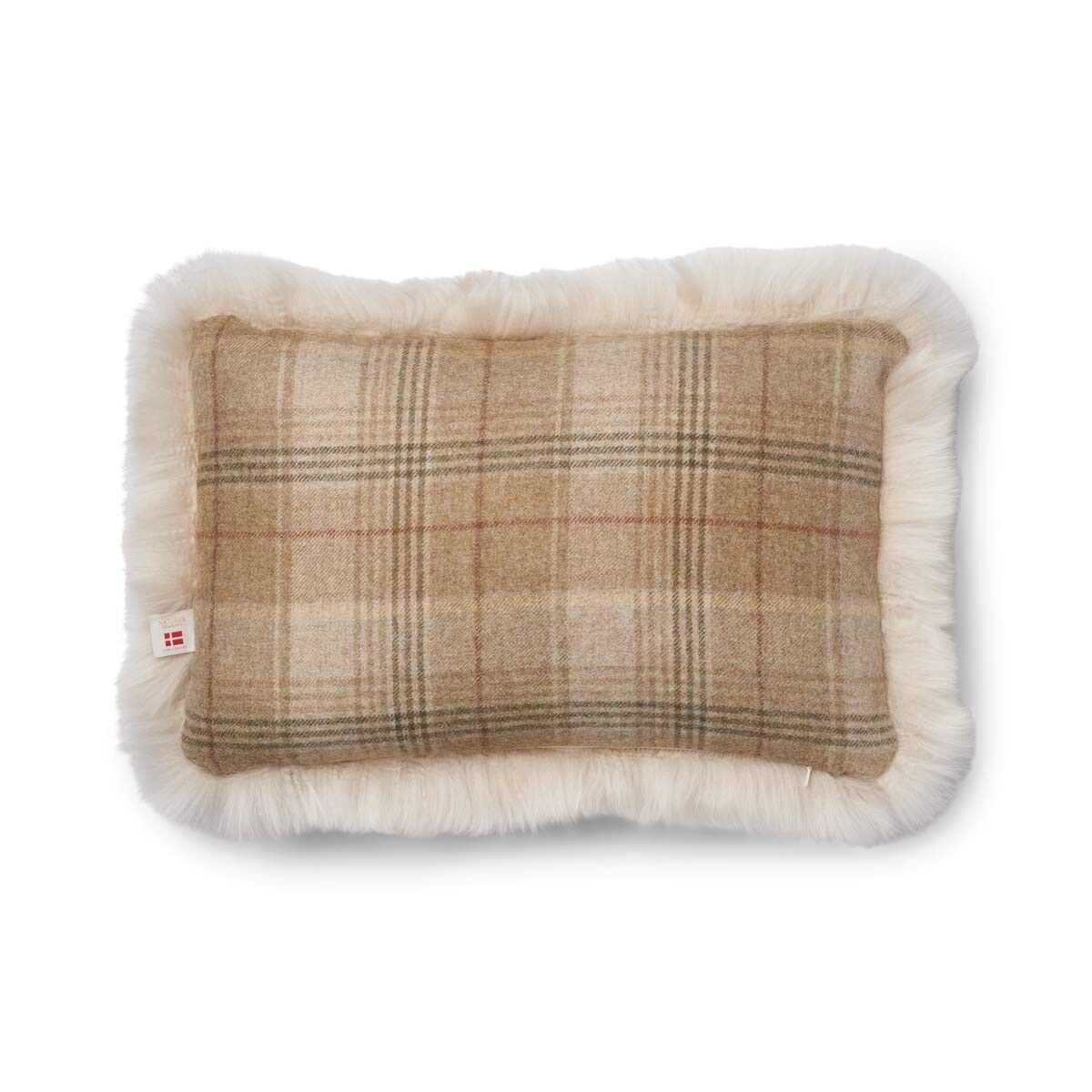 Kariertes Lammfellkissen | Langhaar | Neuseeland | 100% Wolle | 52x52 cm | 34x52 cm Sand Beige/Leinen