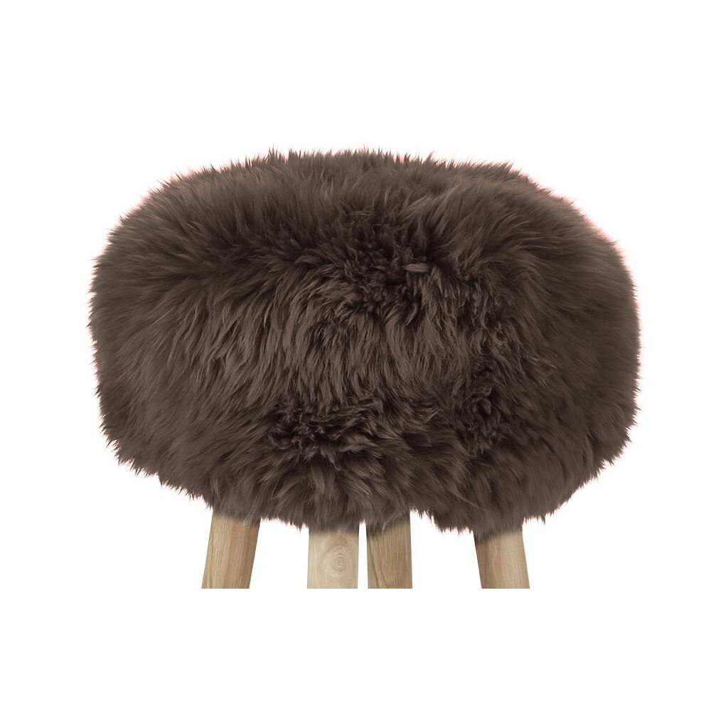 Holzhocker mit Lammfell | Langhaar | Neuseeland | 48xD34 cm Walnuss