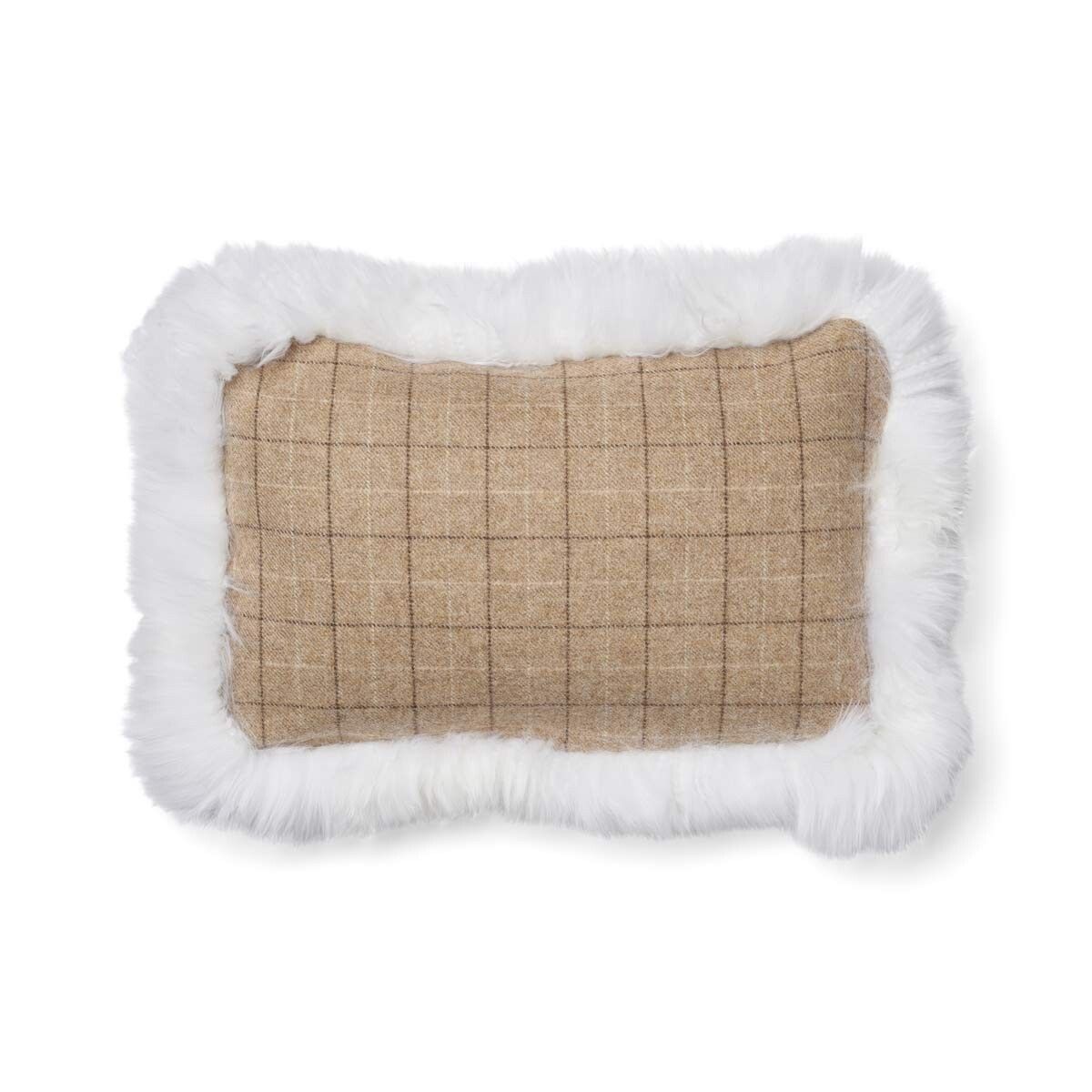 Kariertes Wollkissen | 100% Wolle | Fellborte | 34x52 cm Haferflocken-Beige/Elfenbein