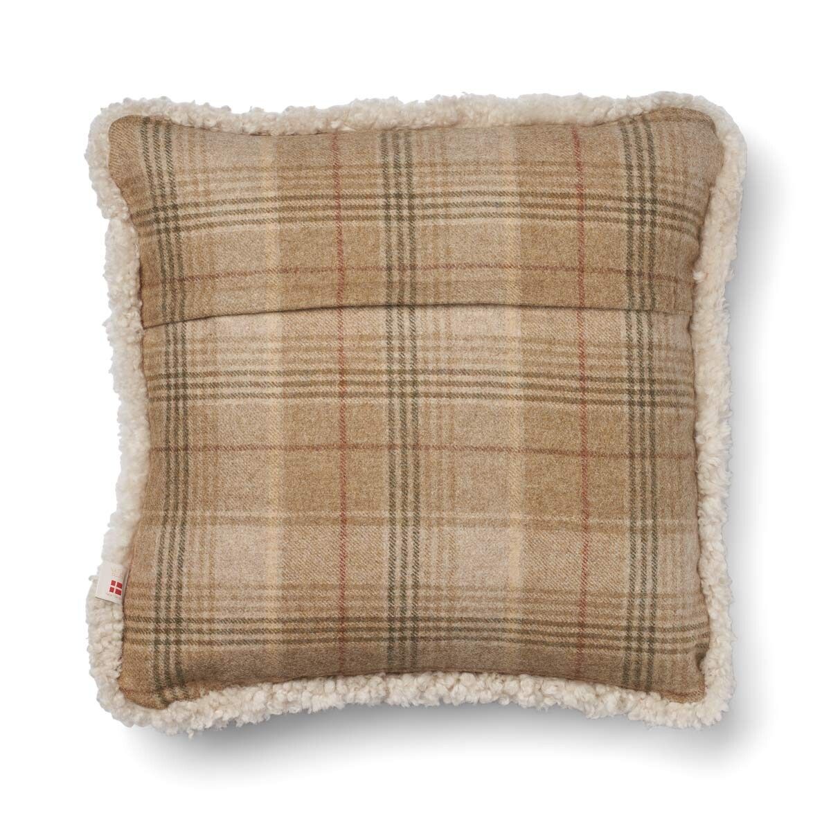 Kariertes Wollkissen | 100% Wolle | Fellborte | 52x52 cm | 34x52 cm Sand Beige/Leinen