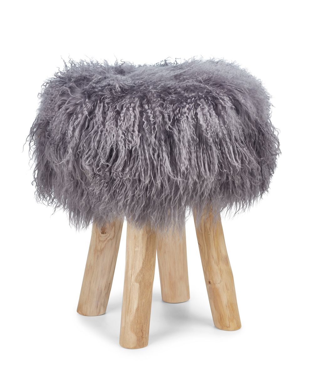 Holzhocker mit Lammfell | Tibet | 48xD34 cm Stahl