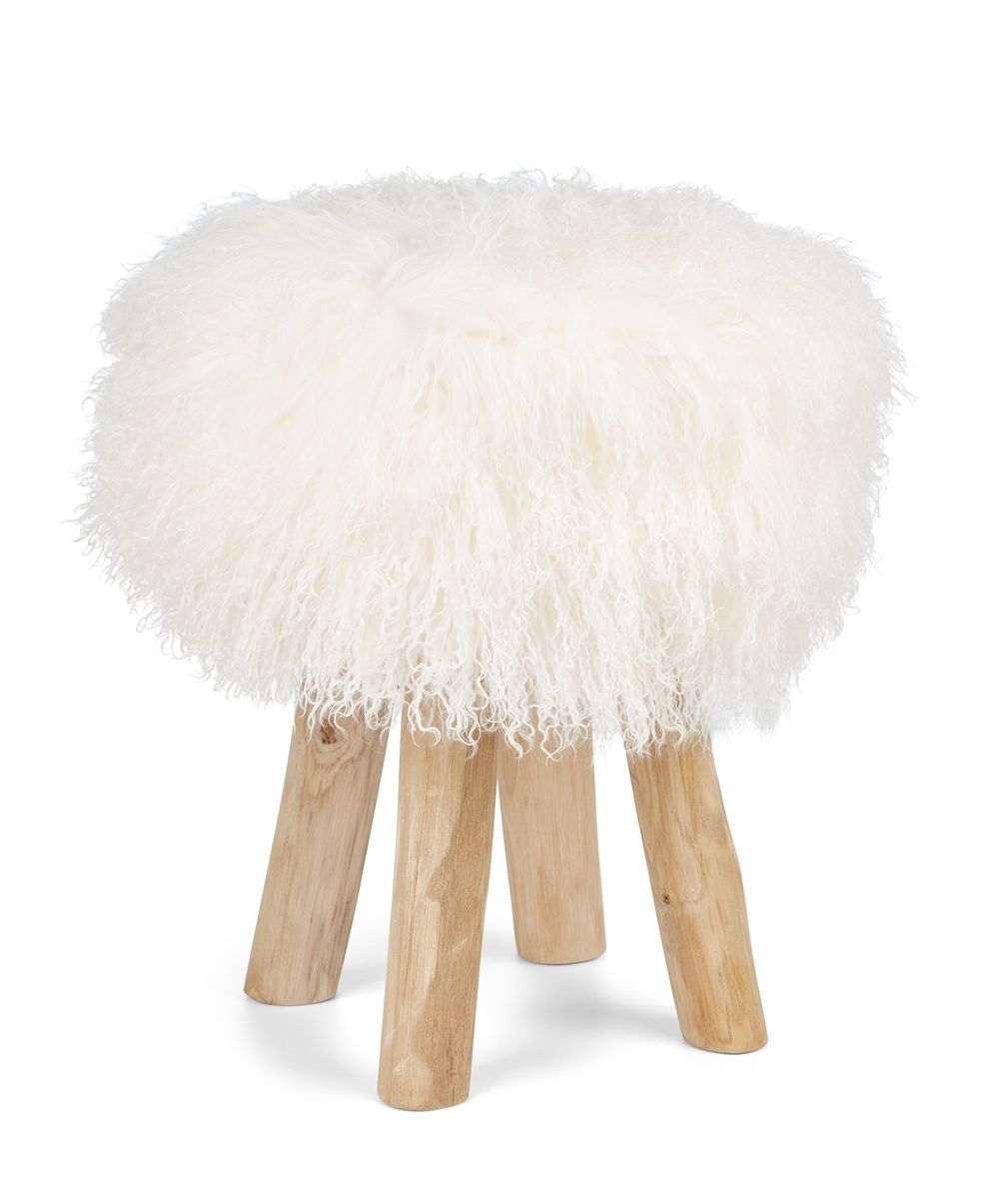Holzhocker mit Lammfell | Tibet | 48xD34 cm