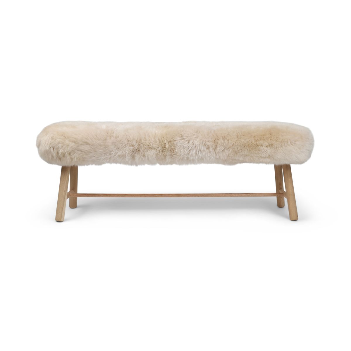 Holzbank mit Lammfell | Langhaar | Neuseeland | Eichenbeine | 140x35x45 cm Leinen