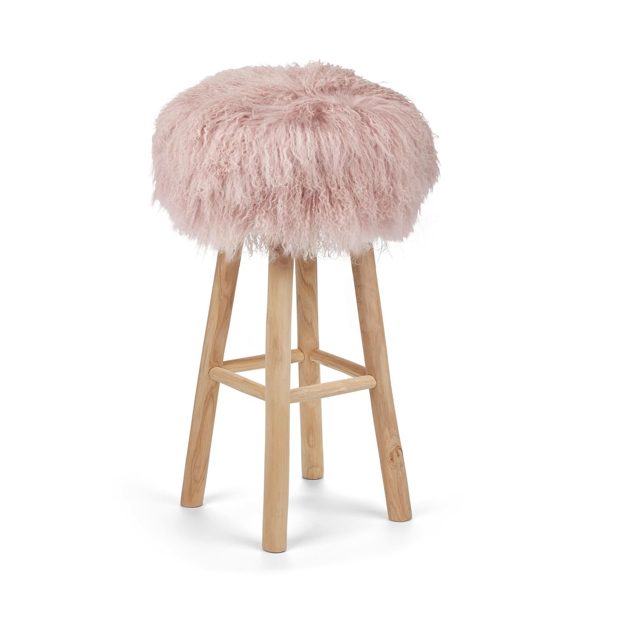 Holzbarhocker mit Lammfell | Tibet Rosa