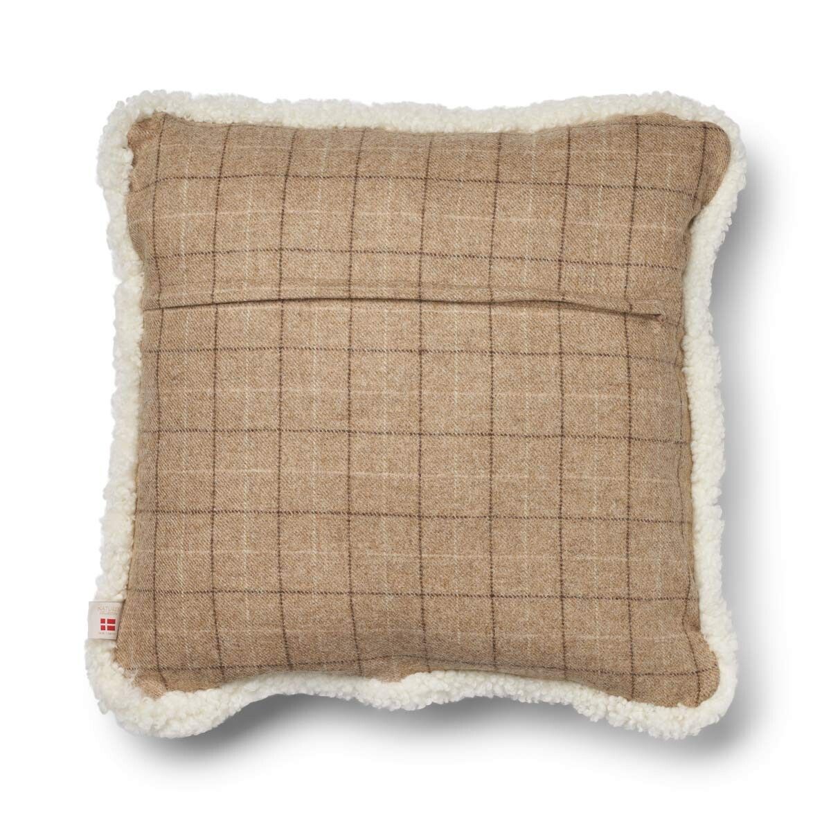 Kariertes Wollkissen | 100% Wolle | Fellborte | 52x52 cm | 34x52 cm Haferflocken-Beige/Elfenbein