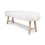 Holzbank mit Lammfell | Langhaar | Neuseeland | Eichenbeine | 140x35x45 cm Weiß