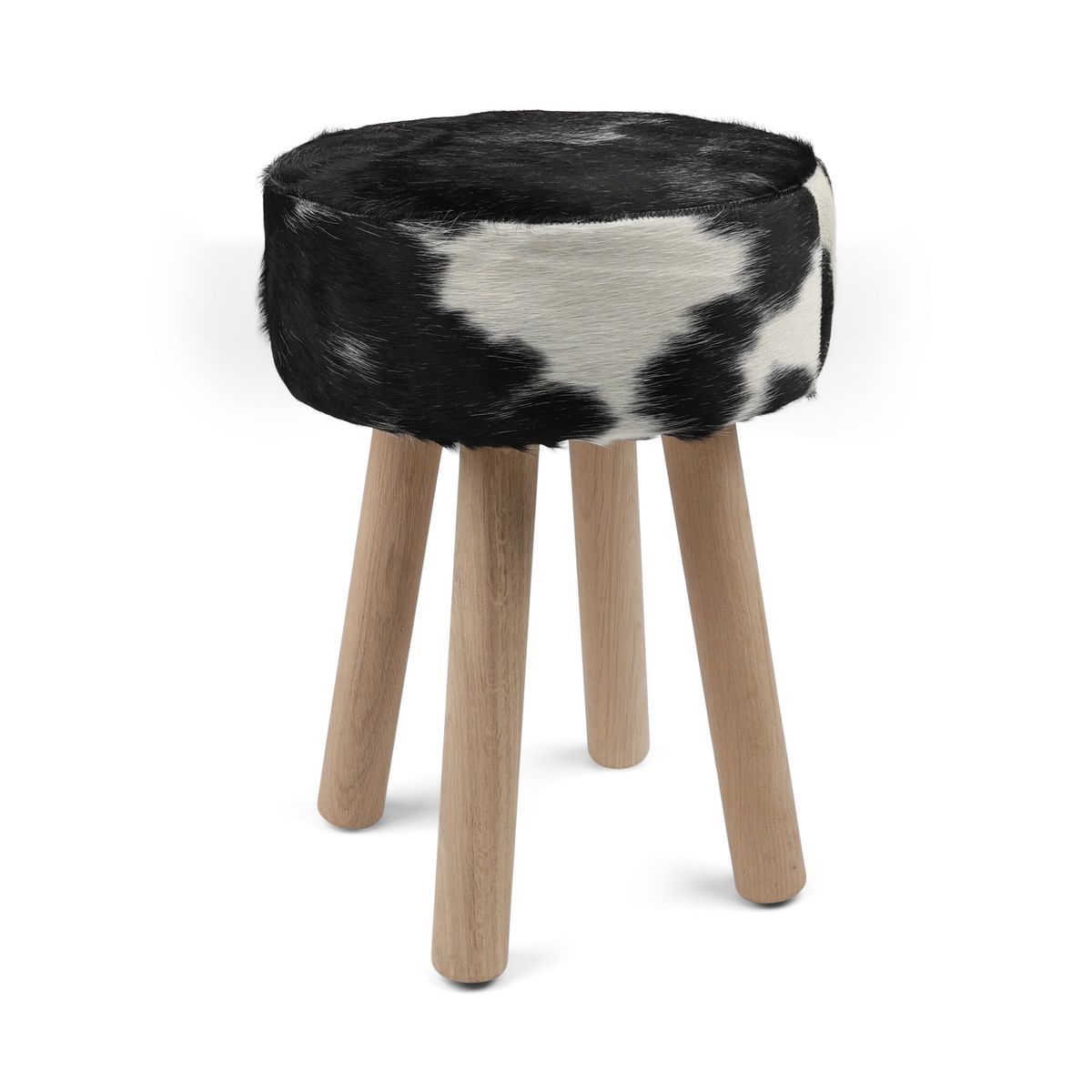 Holzhocker mit Kuhfell | 48xD34 cm Stühle | Sheepskinhouse.ch