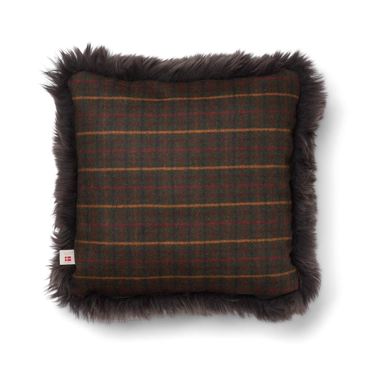 Kariertes Lammfellkissen | Langhaar | Neuseeland | 100% Wolle | 52x52 cm | 34x52 cm Kilberry Fir-Dunkelgrün/Walnuss