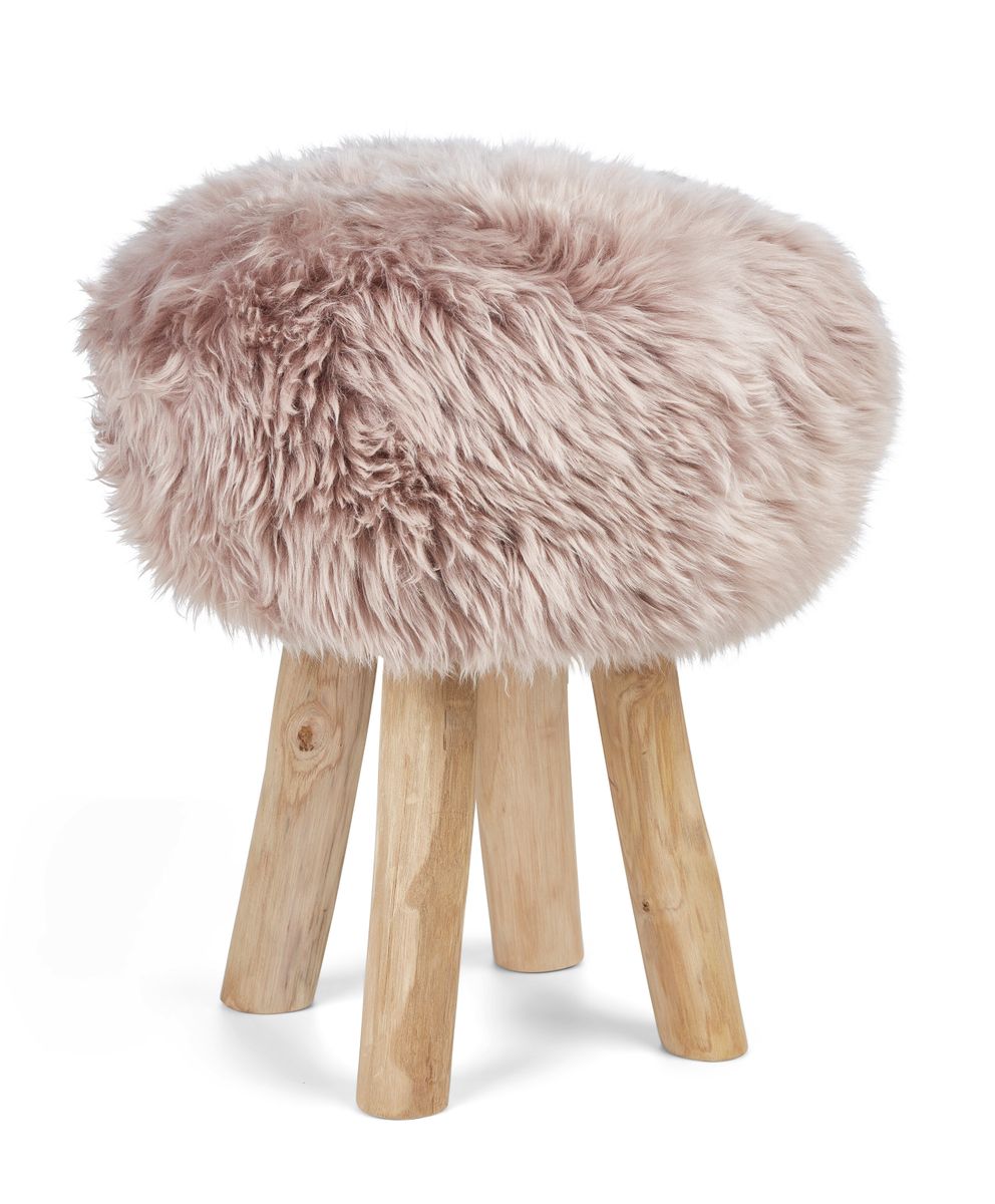 Holzhocker mit Lammfell | Langhaar | Neuseeland | 48xD34 cm