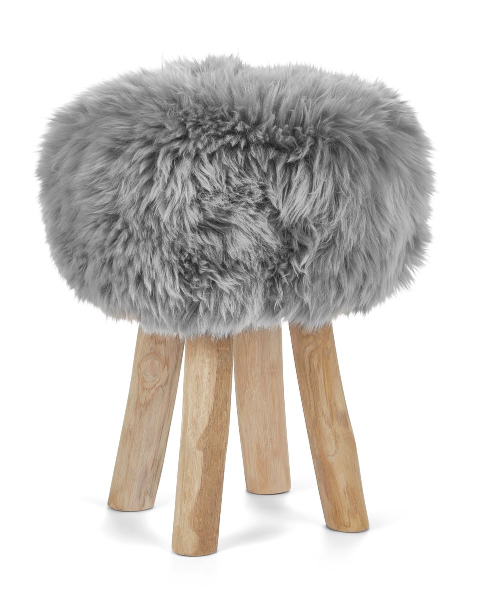 Holzhocker mit Lammfell | Langhaar | Neuseeland | 48xD34 cm Hellgrau