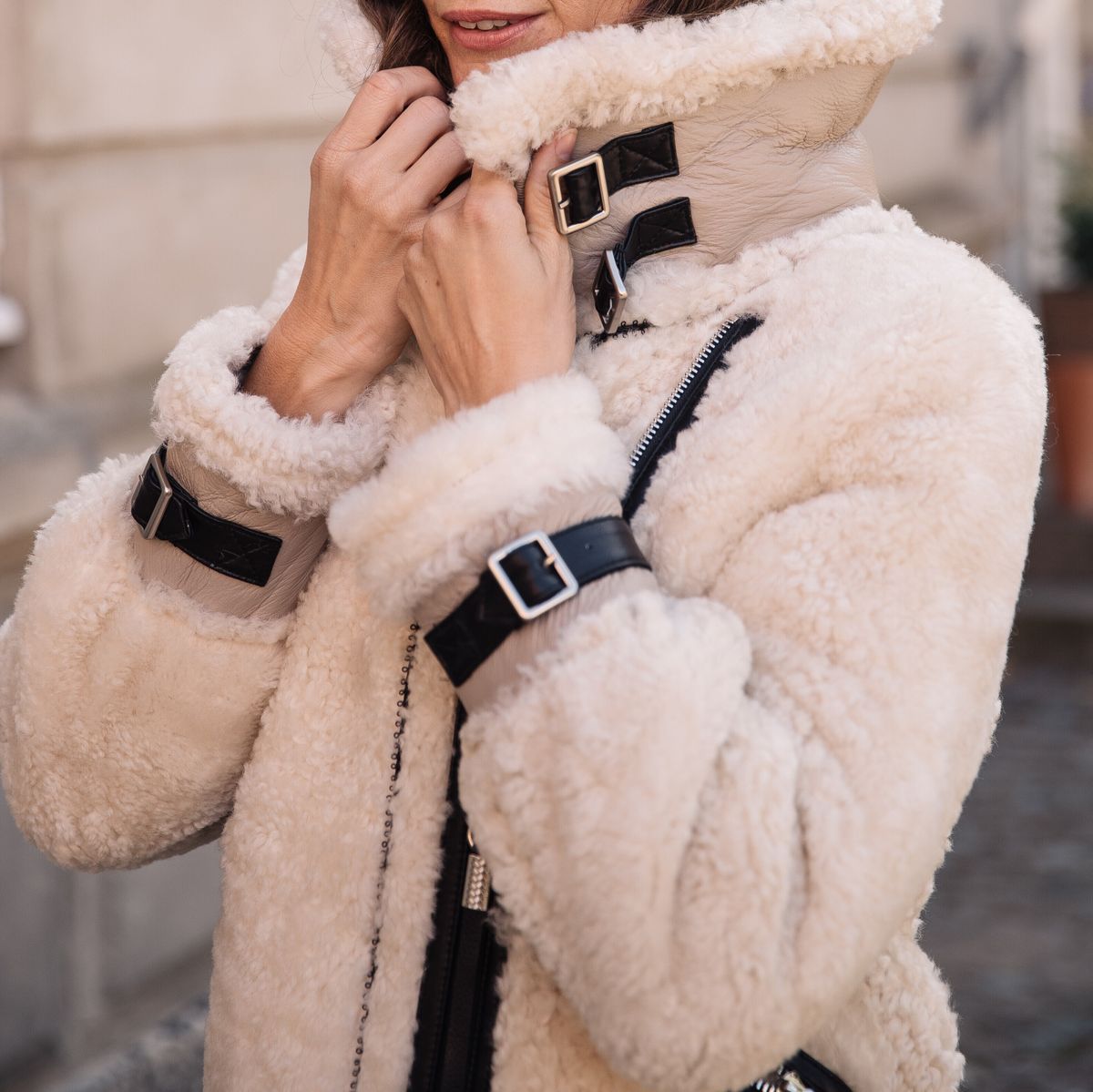 Nicki Jacke | Lammfell, Leder Blau/Grau