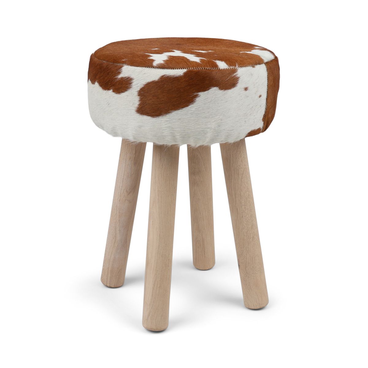 Holzhocker mit Kuhfell | 48xD34 cm Stühle | Sheepskinhouse.ch
