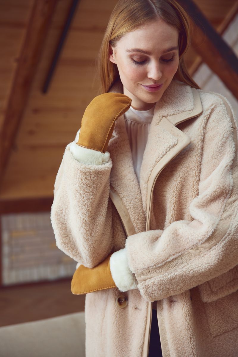 Lammfell Handschuhe Premium | Neuseeland | Fäustlinge | Damen Tan