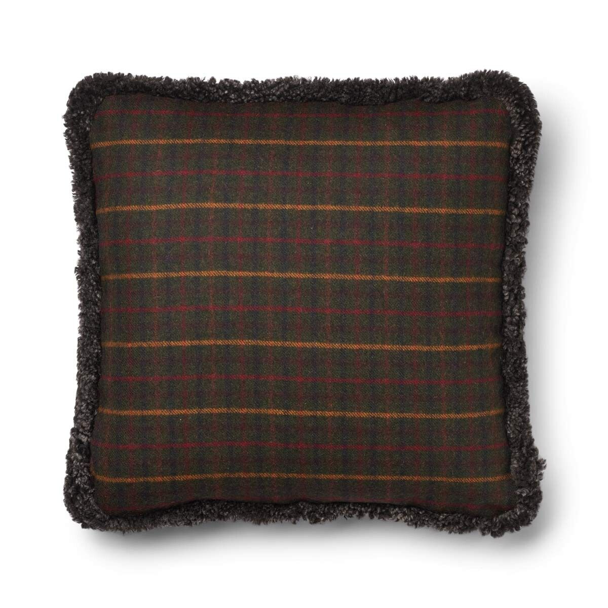 Kariertes Wollkissen | 100% Wolle | Fellborte | 52x52 cm | 34x52 cm Kilberry Fir-Dunkelgrün/Cappuccino