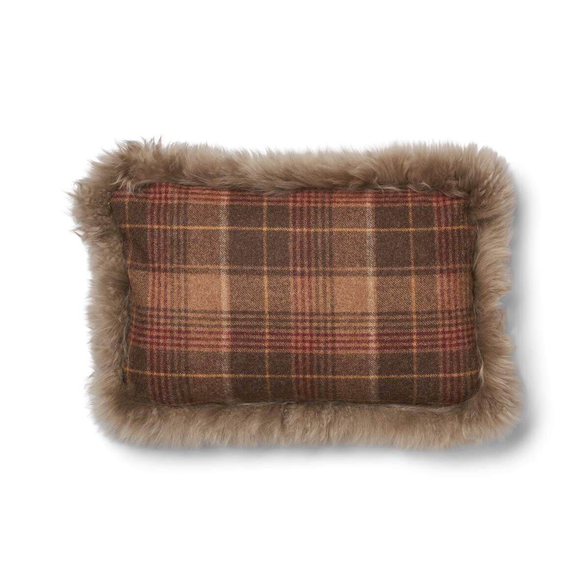 Kariertes Wollkissen | 100% Wolle | Fellborte | 52x52 cm | 34x52 cm Kakao-Dunkelbraun/Taupe