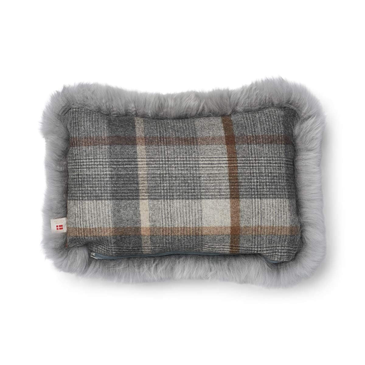 Kariertes Lammfellkissen | Langhaar | Neuseeland | 100% Wolle | 34x52 cm Glencheck-Grau/Hellgrau